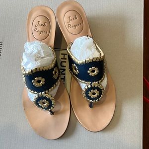 Jack Rogers wedge sandals, never worn, navy and gold, cork wedge, size 7 1/2